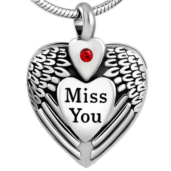 Miss You Heart with Angel Wings Pendant with Chain - Cremation Urn Stainless Steel