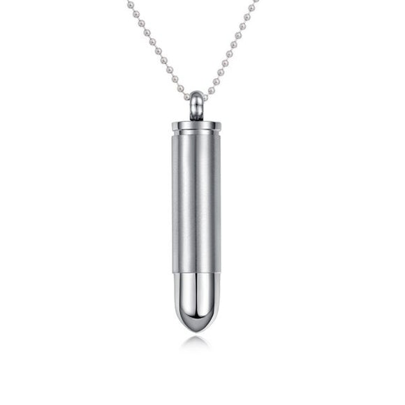 Silver Bullet Pendant with Chain - Cremation Urn Stainless Steel