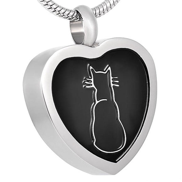 Cat Heart Pendant with Chain - Cremation Urn Stainless Steel