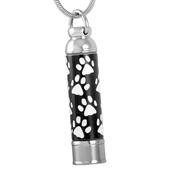 Cylinder Pendant White Paw Print with Chain - Cremation Urn Stainless Steel