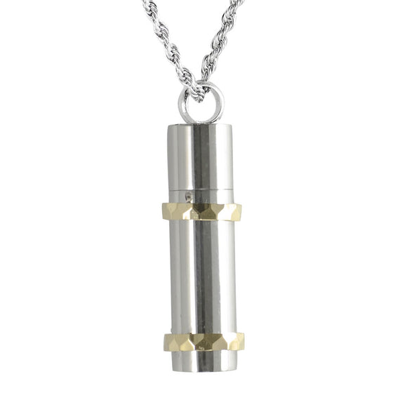 Cylinder with Gold Rings Pendant with Chain - Cremation Urn Stainless Steel