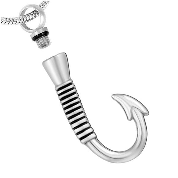 Fish Hook Pendant with Chain - Cremation Urn Stainless Steel