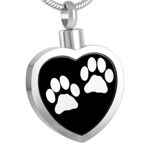 Heart with 2 White Paw Prints Pendant with Chain - Cremation Urn Stainless Steel