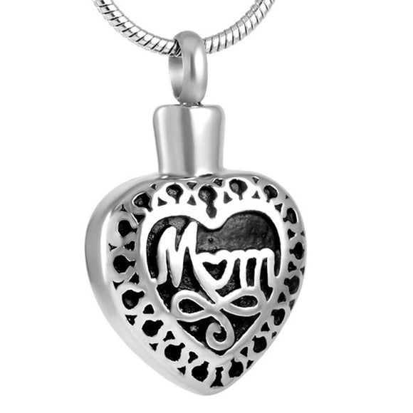 Mom Heart Pendant with Chain - Cremation Urn Stainless Steel
