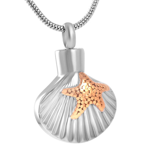 Scallop Shell with Starfish Pendant with Chain - Cremation Urn Stainless Steel